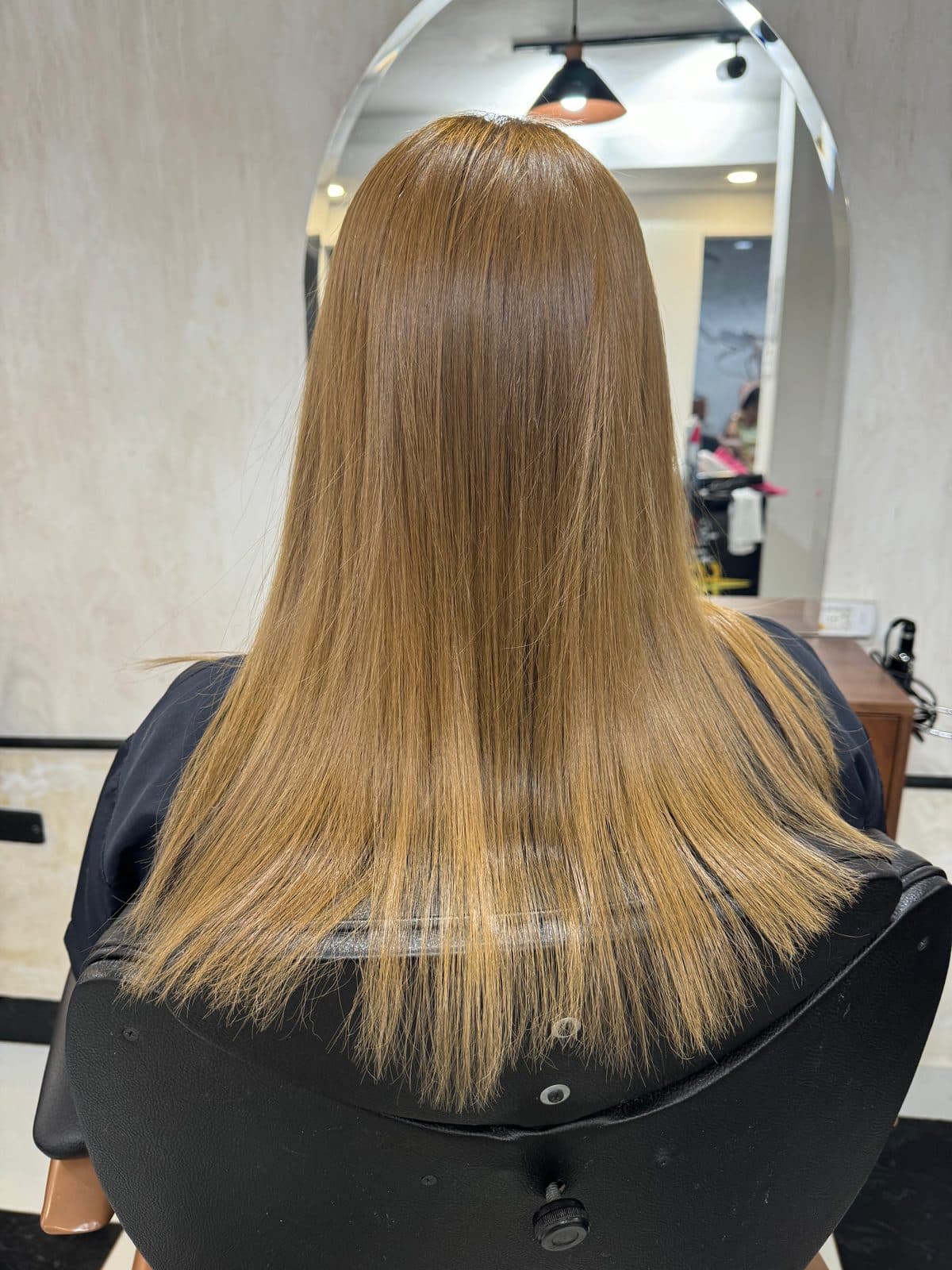 Cabello castaño claro, liso y brillante, visto de espaldas.